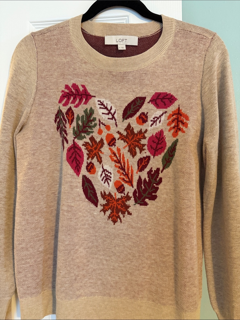 LOFT Beige Crewneck Sweater with Multicolor Leaf Heart